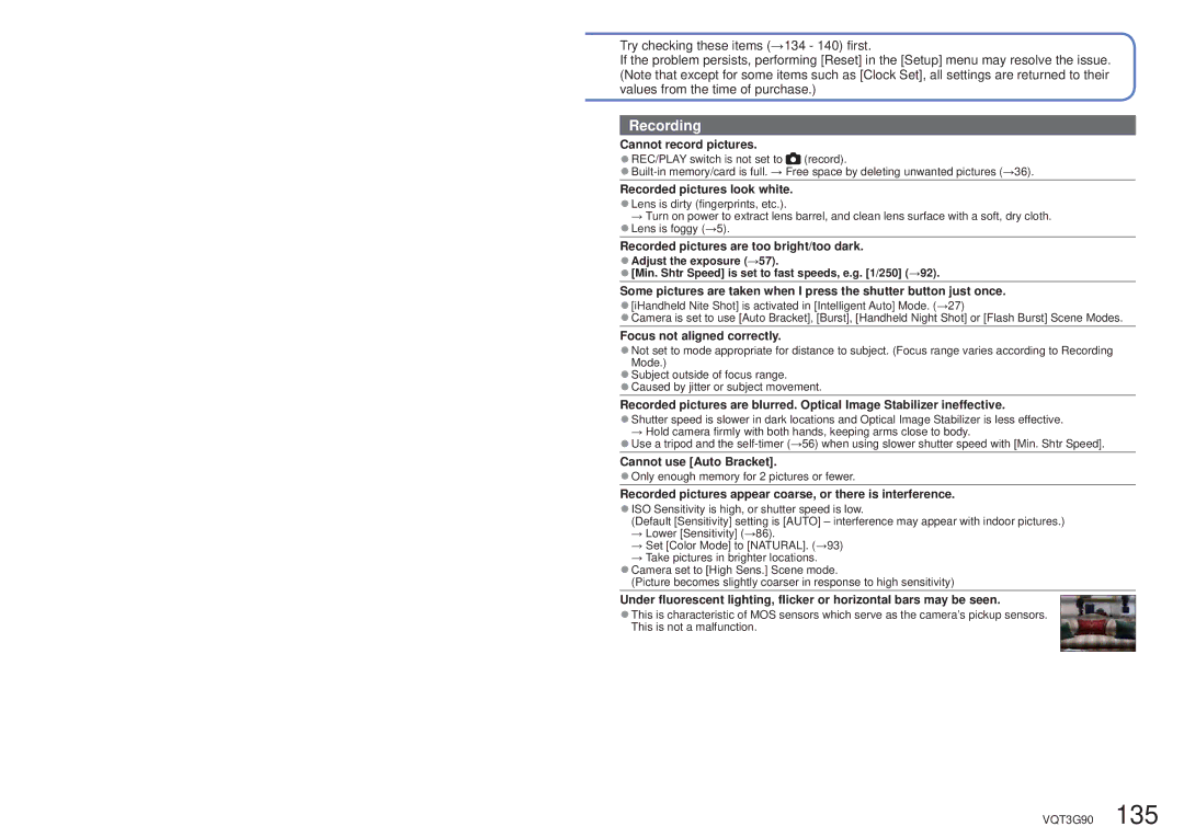 Panasonic DMC-ZS10S Cannot record pictures, Recorded pictures look white, Recorded pictures are too bright/too dark 