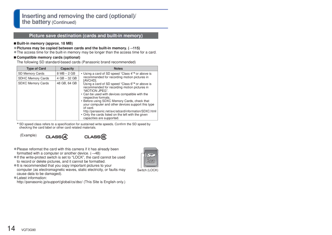 Panasonic DMC ZS10R Inserting and removing the card optional Battery, Picture save destination cards and built-in memory 