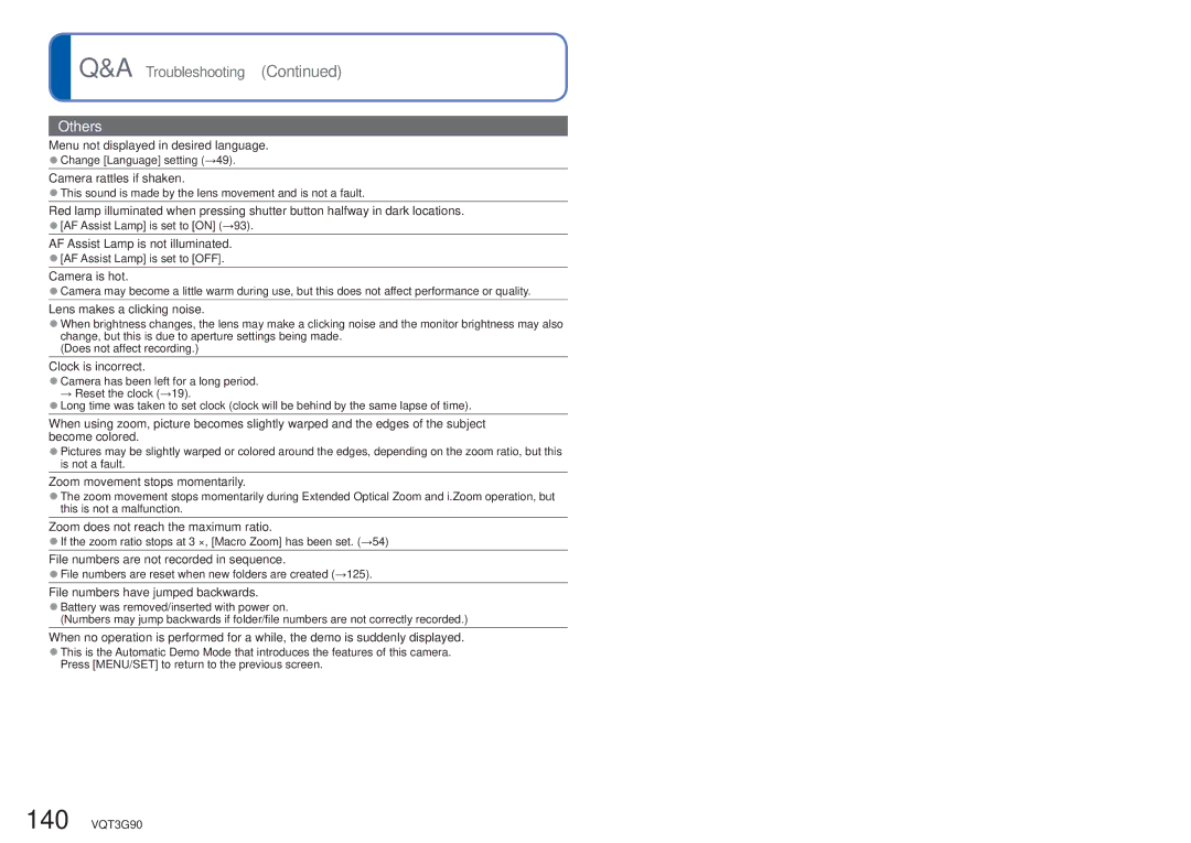 Panasonic DMC-ZS10S Menu not displayed in desired language, Camera rattles if shaken, AF Assist Lamp is not illuminated 