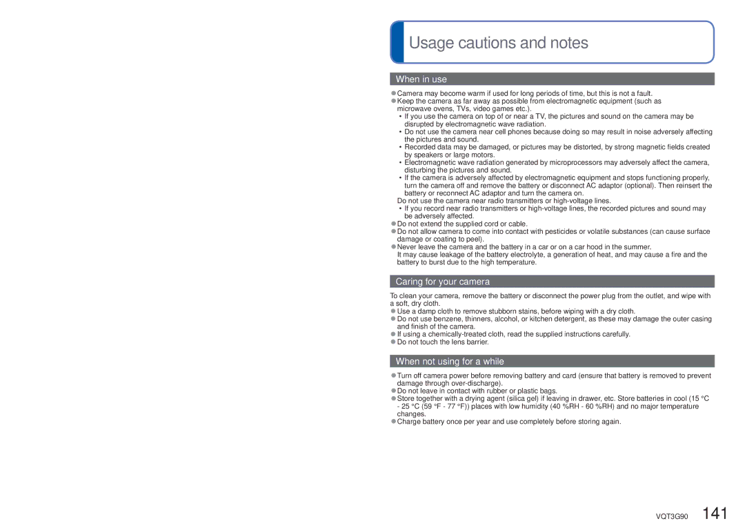 Panasonic DMCZS10S, DMC-ZS10S, DMCZS10A, DMCZS10K, DMC ZS10R owner manual Usage cautions and notes, When in use 