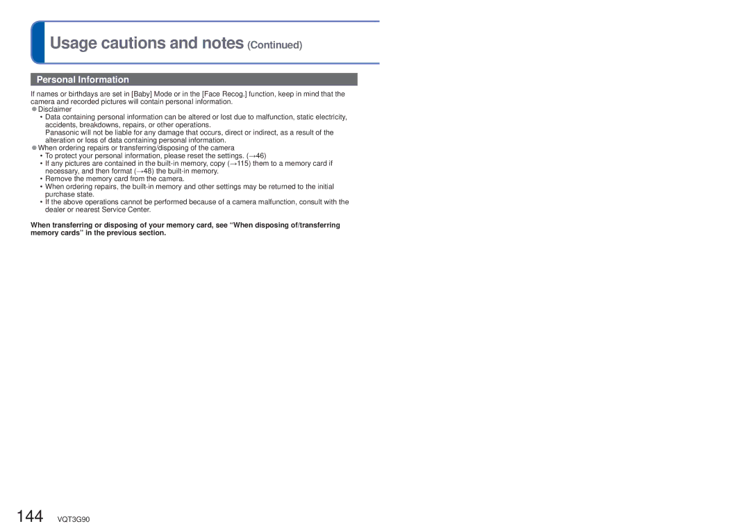 Panasonic DMC ZS10R, DMC-ZS10S, DMCZS10S, DMCZS10A, DMCZS10K owner manual Personal Information 