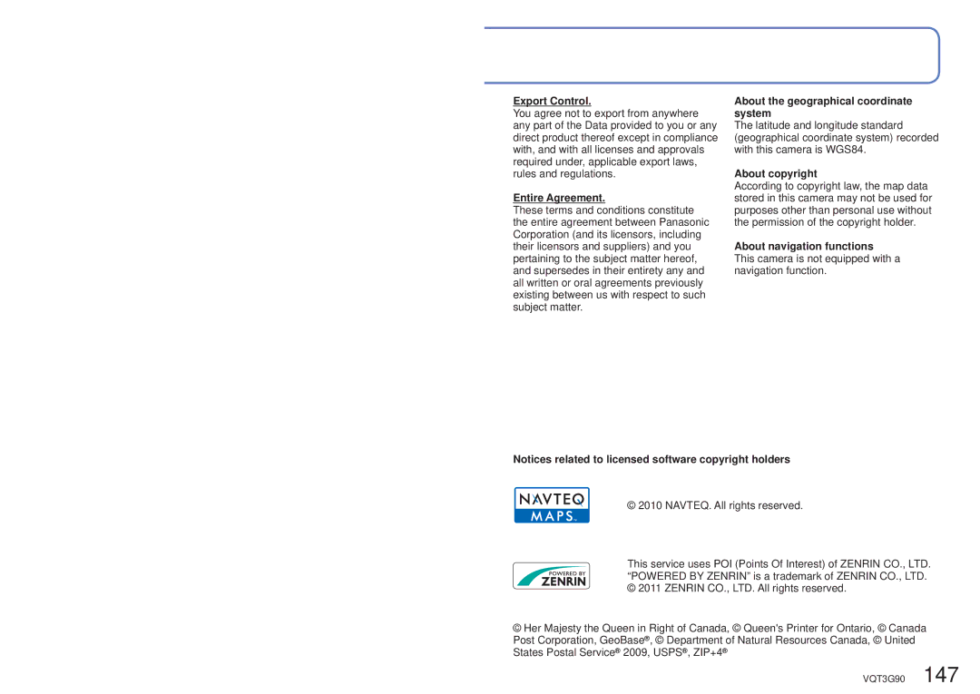 Panasonic DMCZS10A, DMC-ZS10S Export Control, Entire Agreement, About the geographical coordinate system, About copyright 