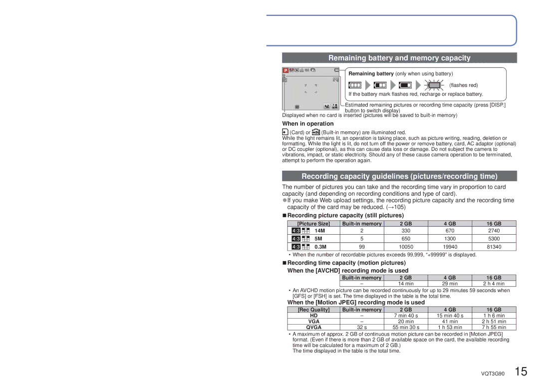 Panasonic DMC-ZS10S, DMCZS10S Remaining battery and memory capacity, Recording capacity guidelines pictures/recording time 