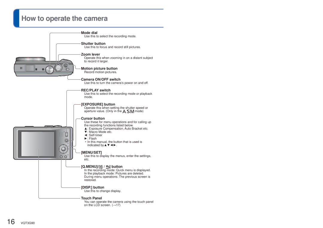 Panasonic DMCZS10S, DMC-ZS10S, DMCZS10A, DMCZS10K, DMC ZS10R owner manual How to operate the camera 