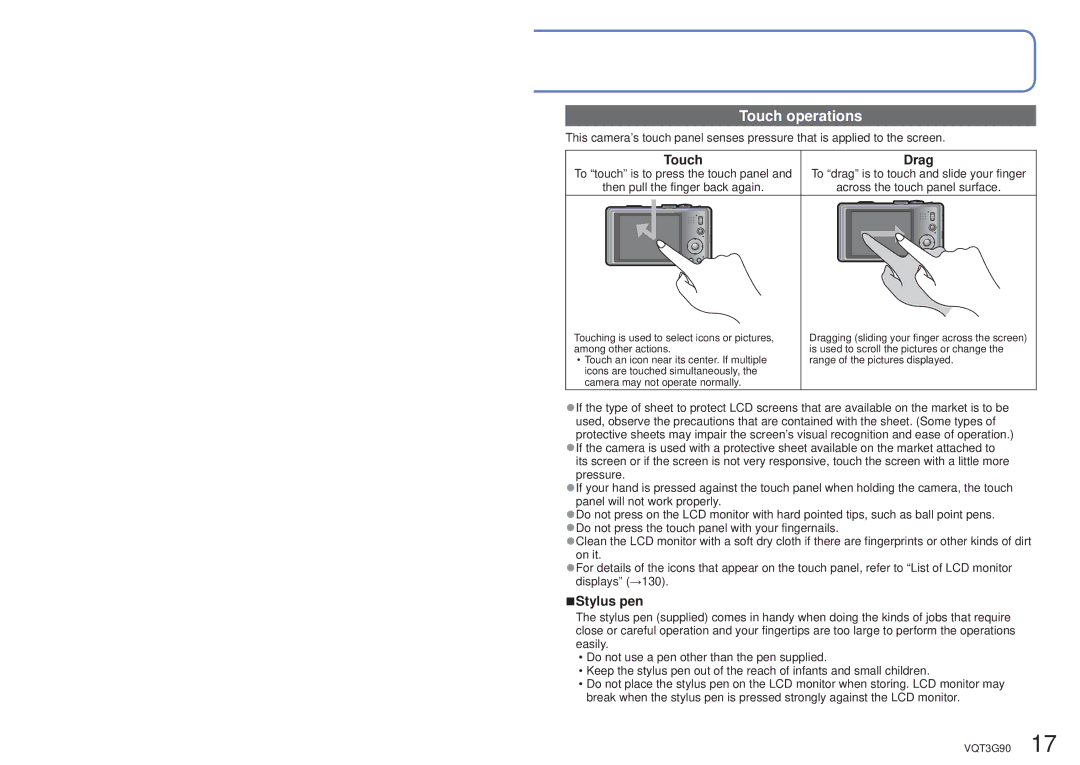 Panasonic DMCZS10A, DMC-ZS10S, DMCZS10S, DMCZS10K, DMC ZS10R owner manual Touch operations, Drag, Stylus pen 