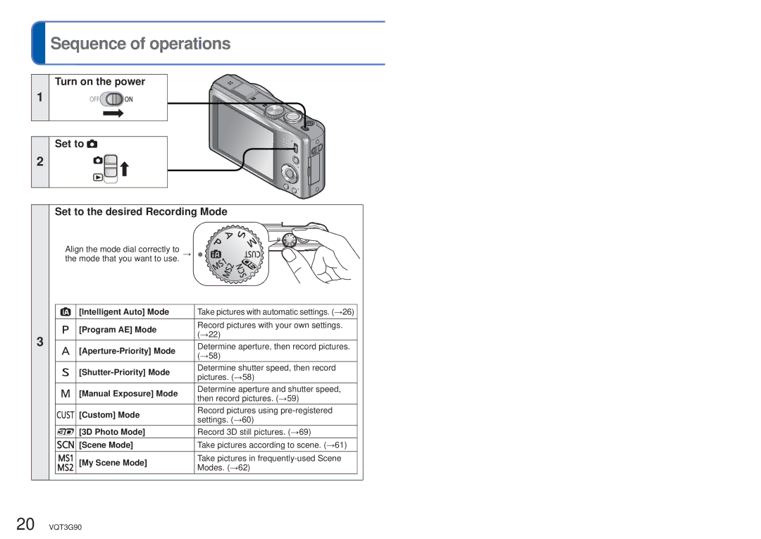 Panasonic DMC-ZS10S, DMCZS10S, DMCZS10A Sequence of operations, Turn on the power Set to Set to the desired Recording Mode 