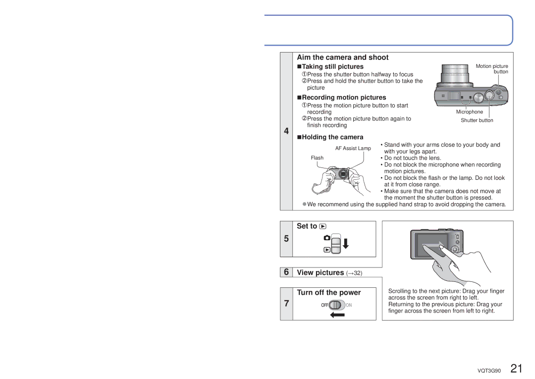 Panasonic DMCZS10S, DMC-ZS10S Aim the camera and shoot, Set to View pictures →32 Turn off the power, Taking still pictures 