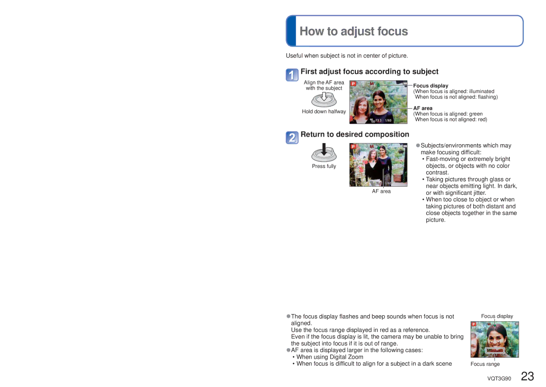 Panasonic DMCZS10K How to adjust focus, First adjust focus according to subject, Return to desired composition, AF area 