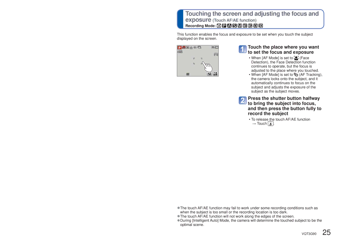 Panasonic DMC-ZS10S, DMCZS10S, DMCZS10A, DMCZS10K, DMC ZS10R owner manual Touching the screen and adjusting the focus 