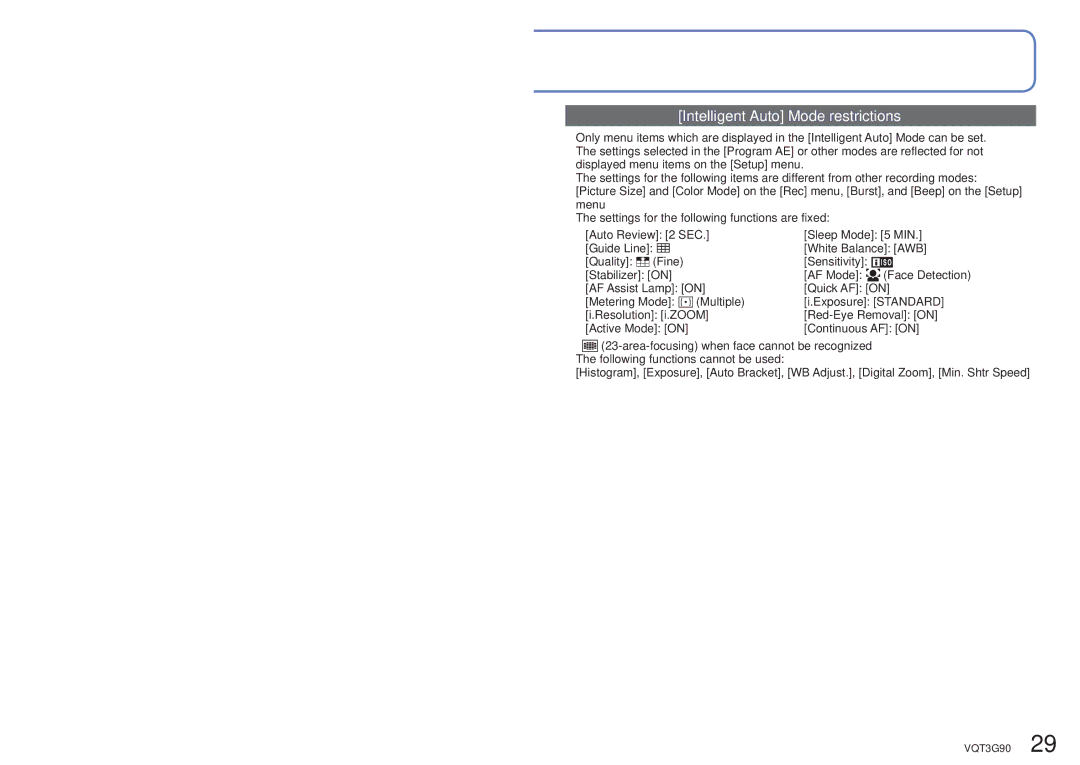 Panasonic DMC ZS10R, DMC-ZS10S, DMCZS10S, DMCZS10A, DMCZS10K owner manual Intelligent Auto Mode restrictions 