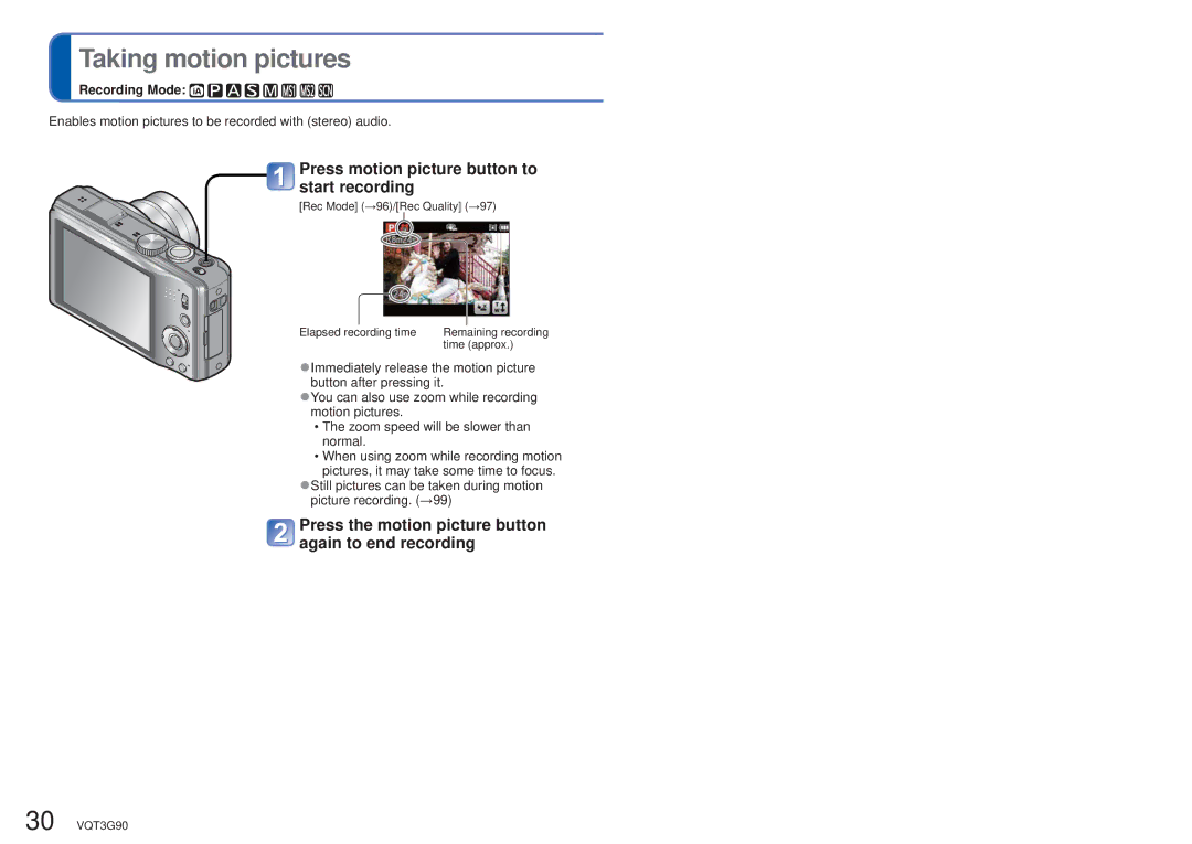 Panasonic DMC-ZS10S, DMCZS10S, DMCZS10A, DMCZS10K Taking motion pictures, Press motion picture button to start recording 