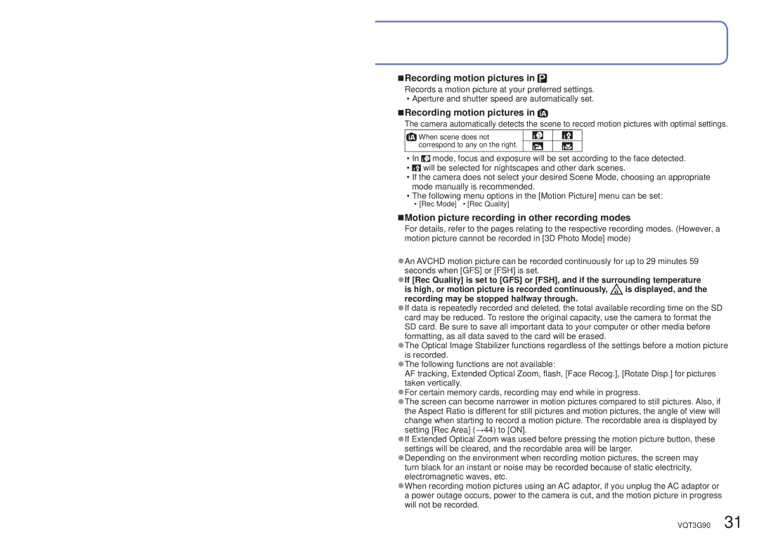 Panasonic DMCZS10S, DMC-ZS10S, DMCZS10A Recording motion pictures, Motion picture recording in other recording modes 