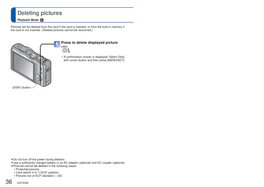 Panasonic DMCZS10S, DMC-ZS10S, DMCZS10A, DMCZS10K, DMC ZS10R owner manual Deleting pictures, Press to delete displayed picture 