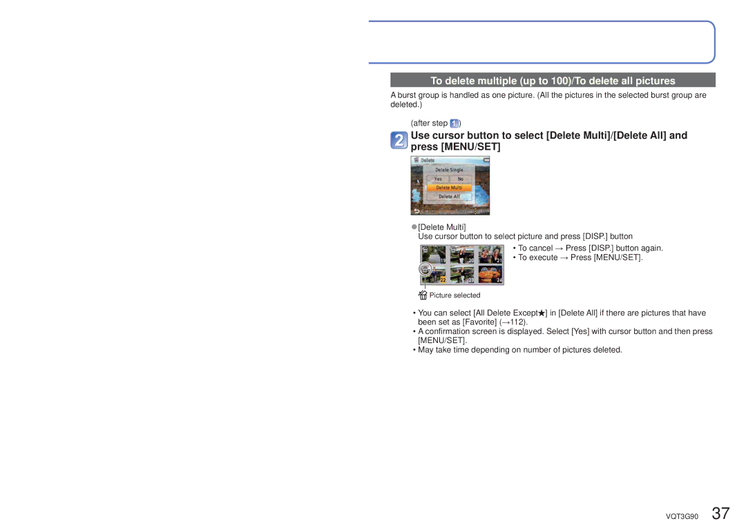 Panasonic DMCZS10A, DMC-ZS10S, DMCZS10S, DMCZS10K, DMC ZS10R owner manual To delete multiple up to 100/To delete all pictures 