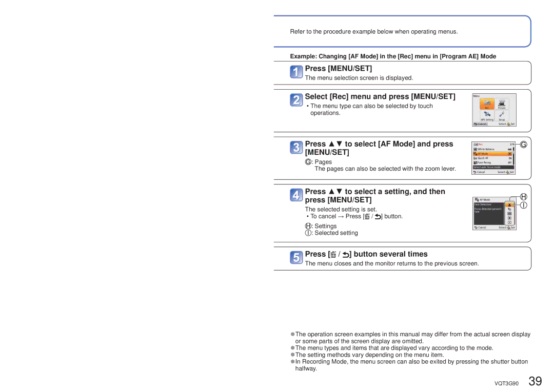 Panasonic DMC ZS10R, DMC-ZS10S, DMCZS10S Select Rec menu and press MENU/SET, Press to select AF Mode and press MENU/SET 