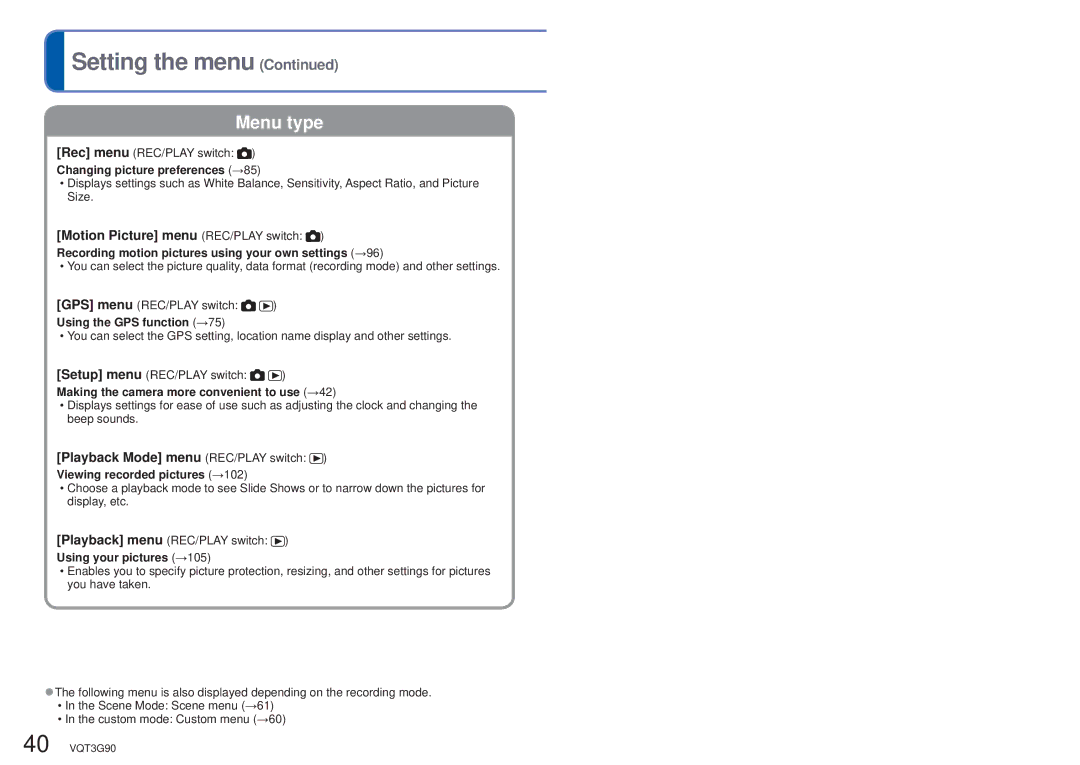 Panasonic DMC-ZS10S, DMCZS10S, DMCZS10A, DMCZS10K Motion Picture menu REC/PLAY switch, Playback Mode menu REC/PLAY switch 