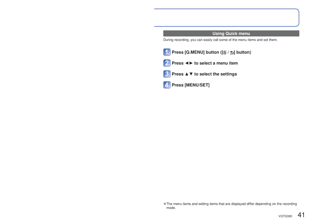 Panasonic DMCZS10S, DMC-ZS10S, DMCZS10A, DMCZS10K, DMC ZS10R owner manual Using Quick menu 