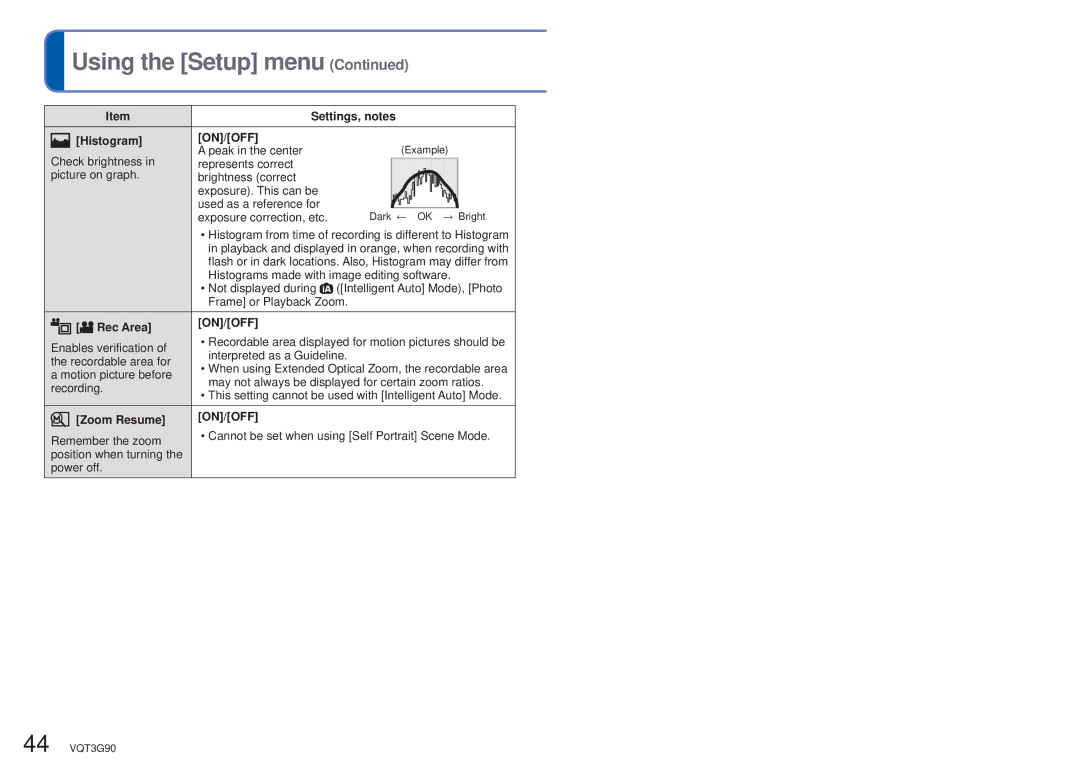 Panasonic DMC ZS10R, DMC-ZS10S, DMCZS10S, DMCZS10A, DMCZS10K owner manual Histogram ON/OFF, Rec Area ON/OFF, Zoom Resume ON/OFF 