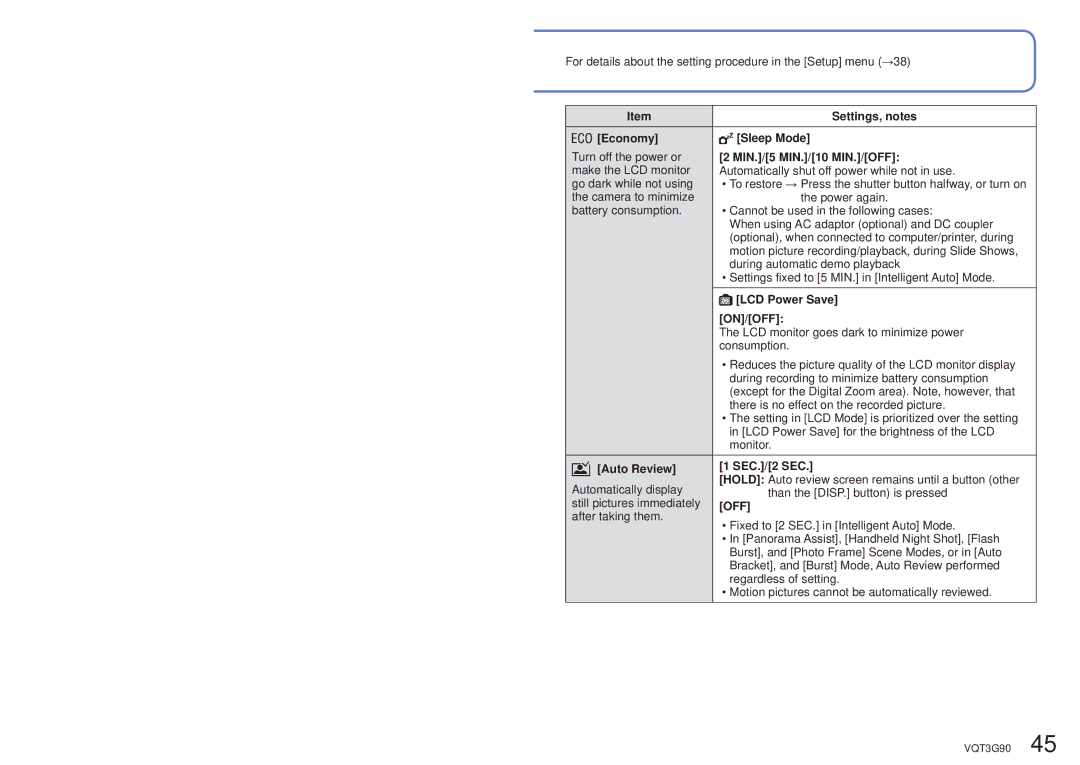 Panasonic DMC-ZS10S, DMCZS10S, DMCZS10A Economy Sleep Mode, MIN./5 MIN./10 MIN./OFF, LCD Power Save, Auto Review SEC./2 SEC 