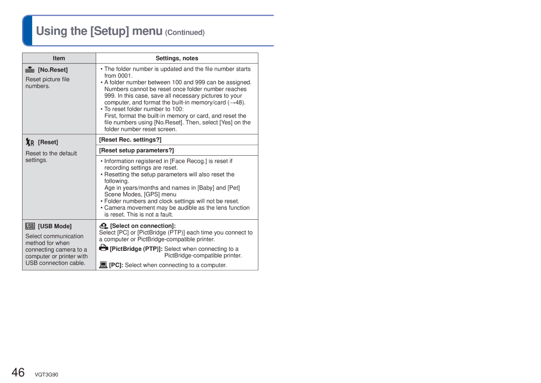 Panasonic DMCZS10S, DMC-ZS10S No.Reset, Reset Reset Rec. settings?, Reset setup parameters?, USB Mode Select on connection 