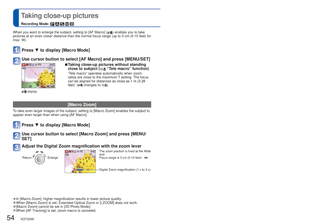 Panasonic DMC ZS10R, DMC-ZS10S, DMCZS10S, DMCZS10A, DMCZS10K owner manual Taking close-up pictures, Macro Zoom 