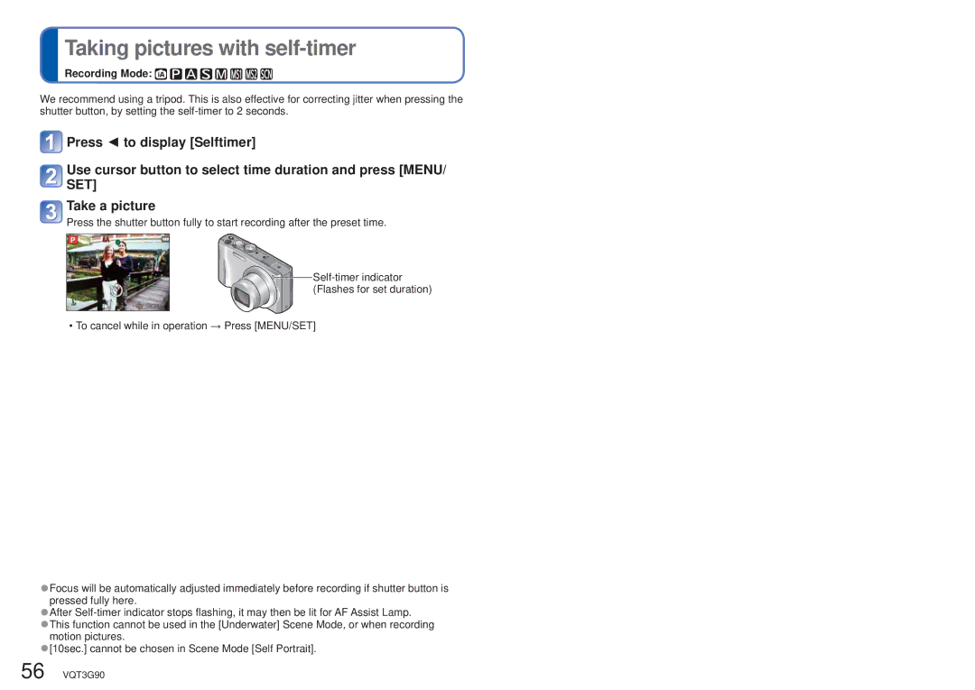 Panasonic DMCZS10S, DMC-ZS10S, DMCZS10A, DMCZS10K, DMC ZS10R owner manual Taking pictures with self-timer 