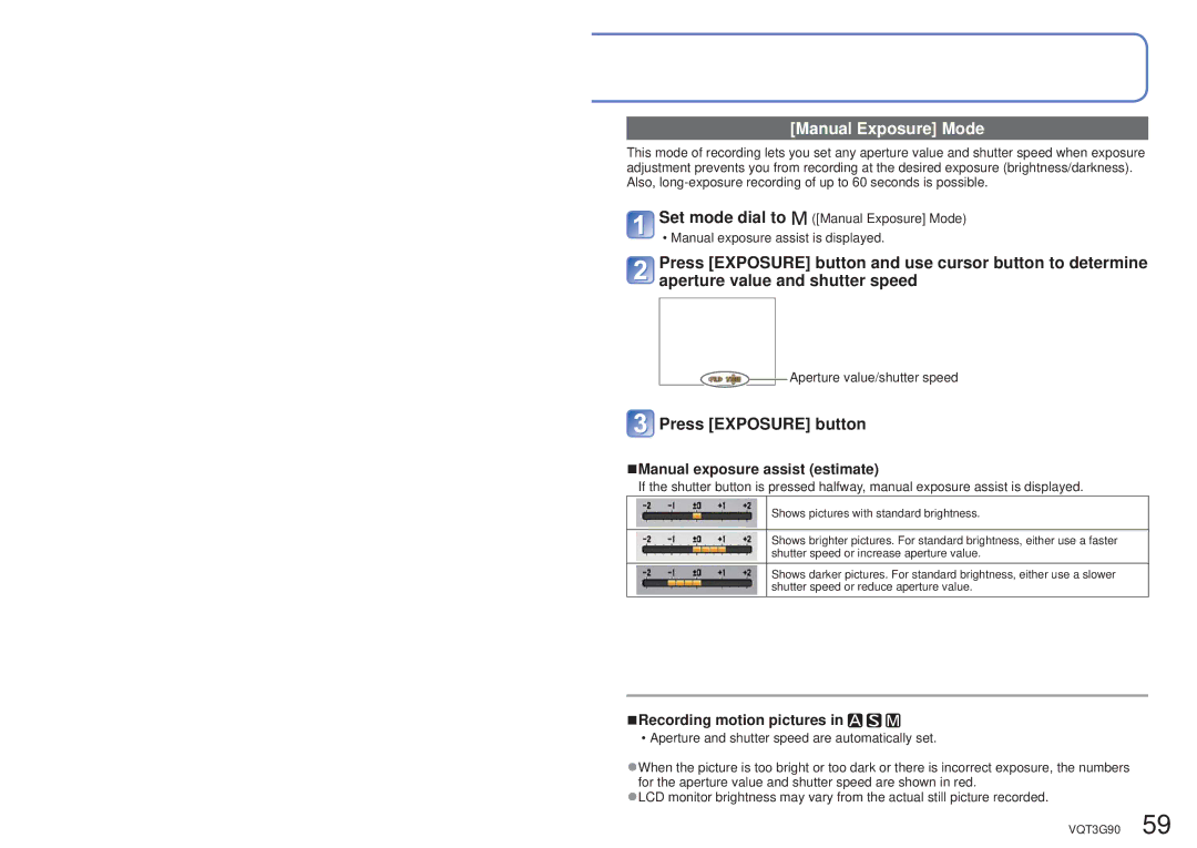 Panasonic DMC ZS10R, DMC-ZS10S, DMCZS10S, DMCZS10A, DMCZS10K owner manual Manual Exposure Mode, Manual exposure assist estimate 