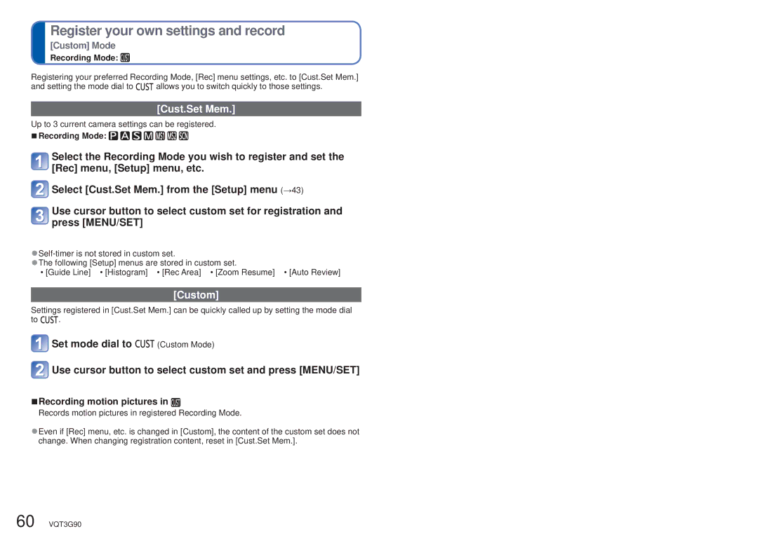 Panasonic DMC-ZS10S, DMCZS10S, DMCZS10A, DMCZS10K, DMC ZS10R Register your own settings and record, Cust.Set Mem, Custom 