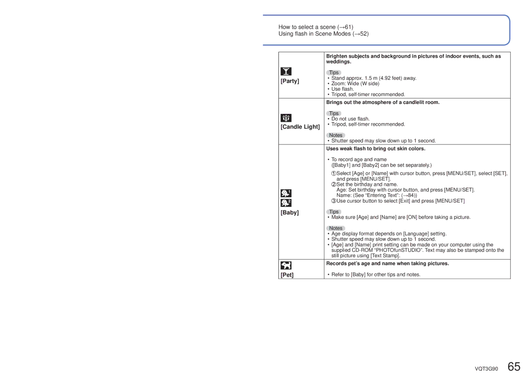 Panasonic DMC-ZS10S, DMCZS10S, DMCZS10A, DMCZS10K, DMC ZS10R owner manual Party, Candle Light, Baby, Pet 