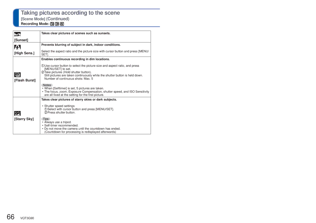 Panasonic DMCZS10S, DMC-ZS10S, DMCZS10A, DMCZS10K, DMC ZS10R owner manual Sunset, High Sens, Flash Burst, Starry Sky 