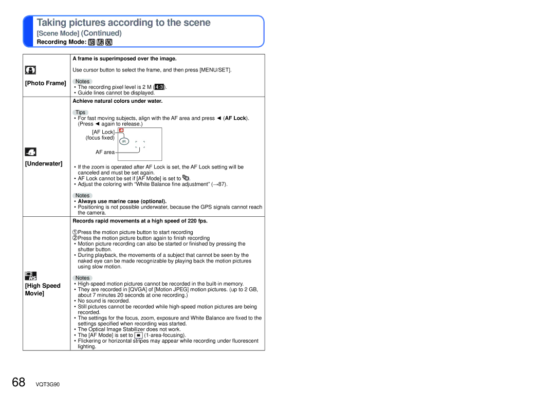 Panasonic DMCZS10K, DMC-ZS10S, DMCZS10S, DMCZS10A, DMC ZS10R owner manual Photo Frame, Underwater, High Speed, Movie 