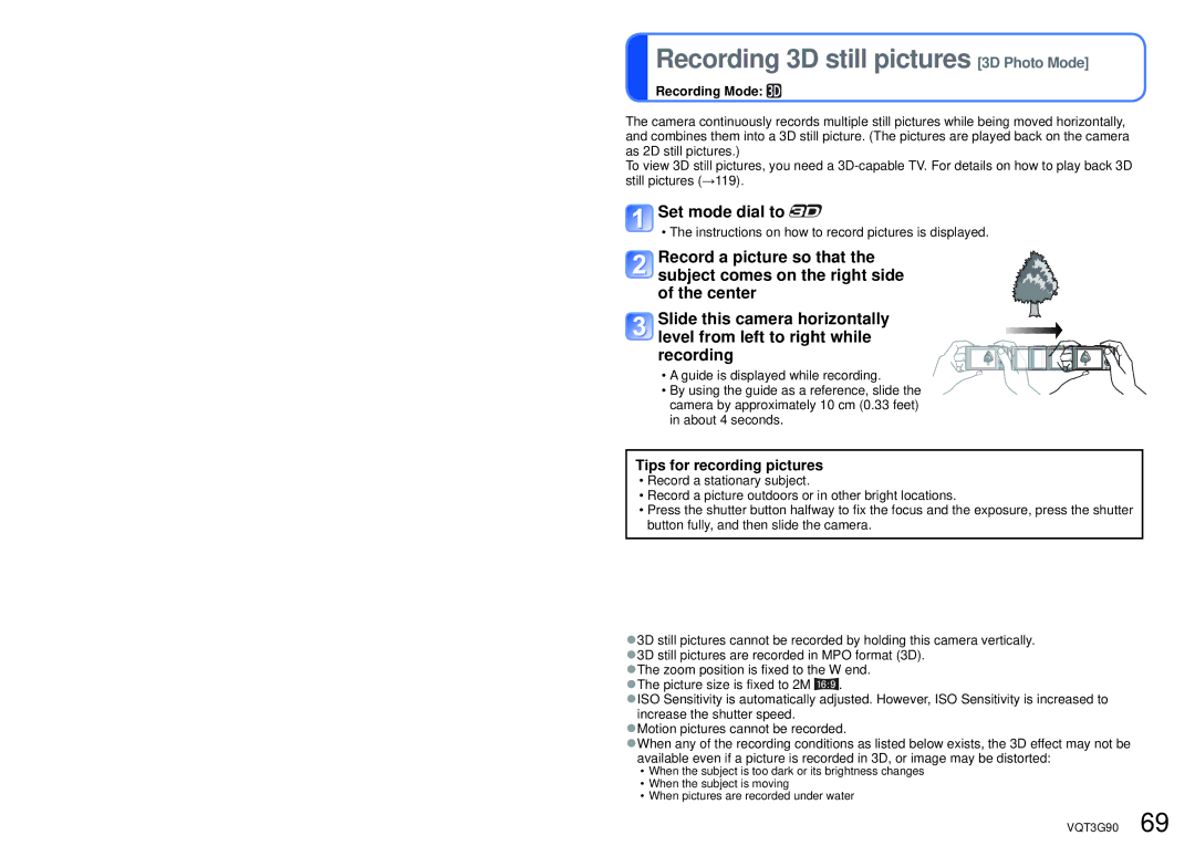 Panasonic DMC ZS10R, DMC-ZS10S Recording 3D still pictures 3D Photo Mode, Set mode dial to, Tips for recording pictures 