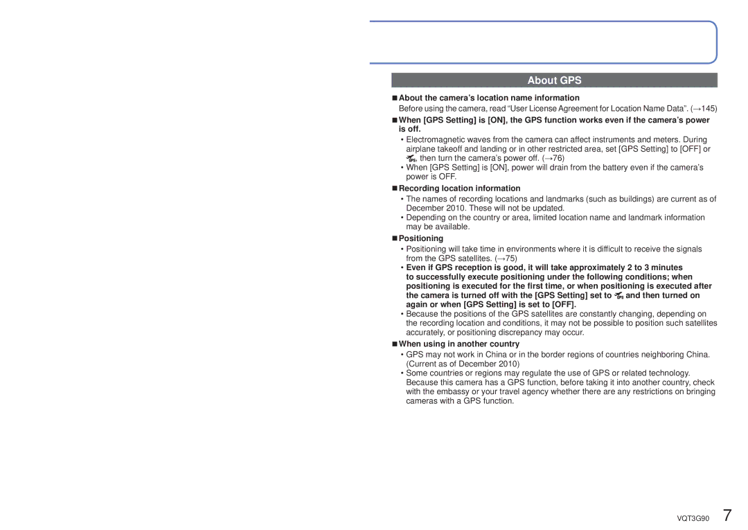 Panasonic DMCZS10A About GPS, About the camera’s location name information, Recording location information, Positioning 