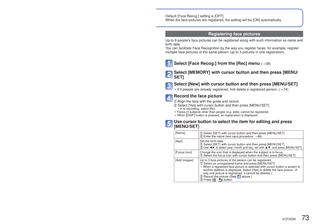 Panasonic DMCZS10K, DMC-ZS10S, DMCZS10S, DMCZS10A, DMC ZS10R owner manual Registering face pictures, Record the face picture 