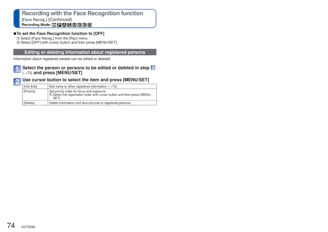 Panasonic DMC ZS10R Editing or deleting information about registered persons, To set the Face Recognition function to OFF 