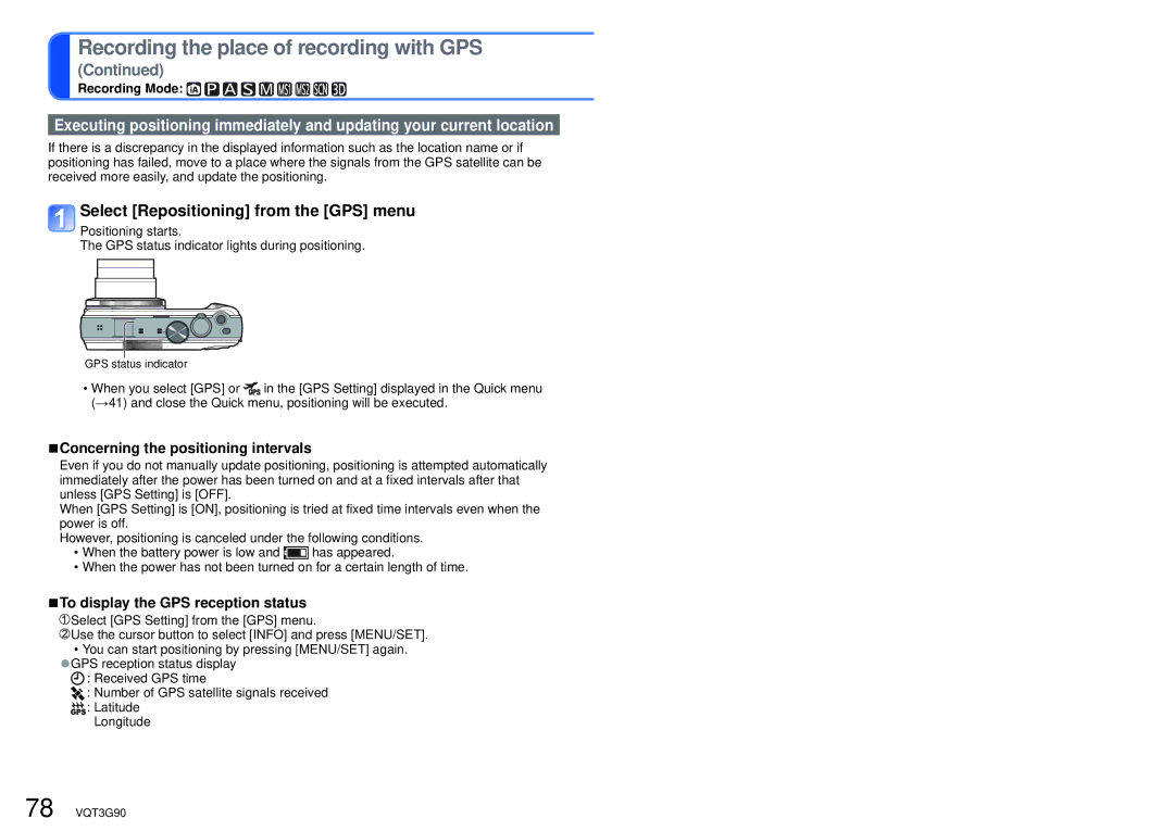 Panasonic DMCZS10K, DMC-ZS10S, DMCZS10S Select Repositioning from the GPS menu, Concerning the positioning intervals 