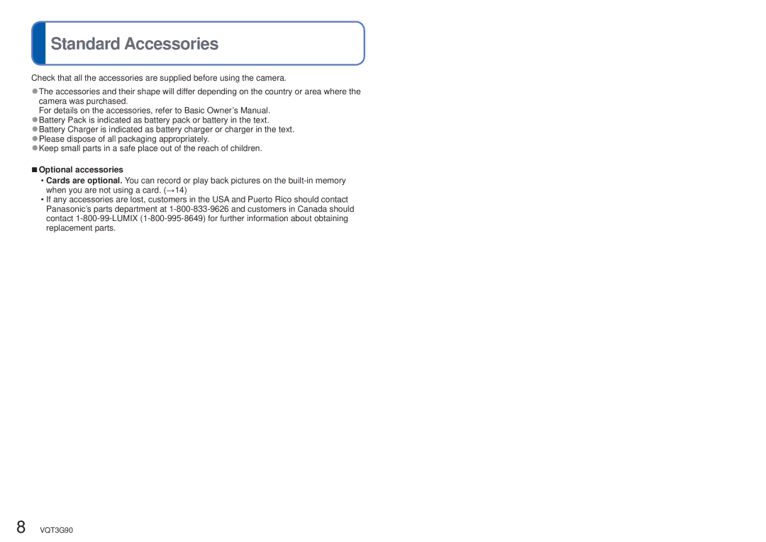 Panasonic DMCZS10K, DMC-ZS10S, DMCZS10S, DMCZS10A, DMC ZS10R owner manual Standard Accessories, Optional accessories 
