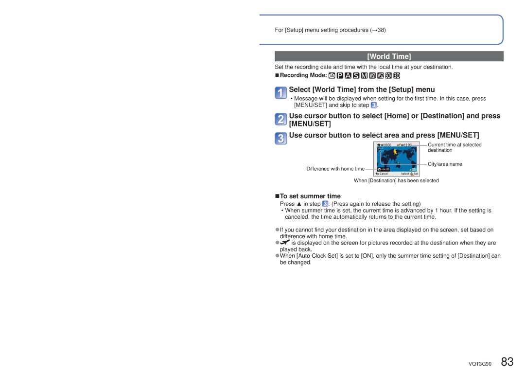 Panasonic DMCZS10K, DMC-ZS10S, DMCZS10S, DMCZS10A, DMC ZS10R Select World Time from the Setup menu, To set summer time 