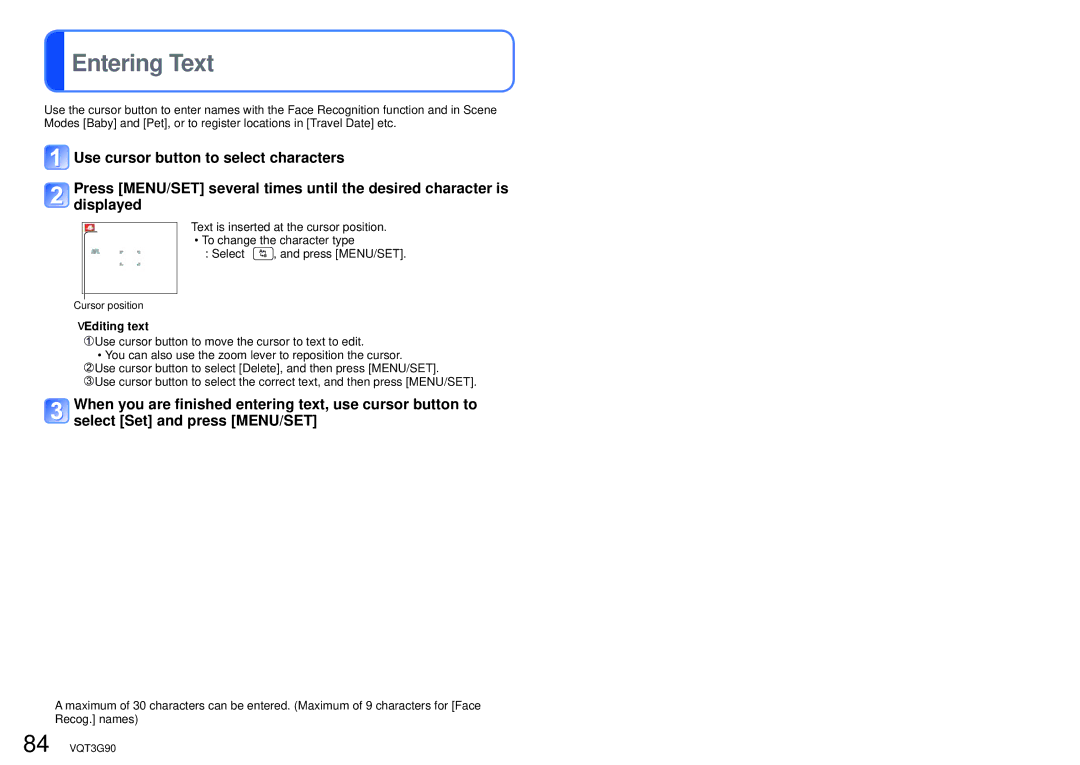 Panasonic DMC ZS10R, DMC-ZS10S, DMCZS10S, DMCZS10A, DMCZS10K owner manual Entering Text, Editing text 