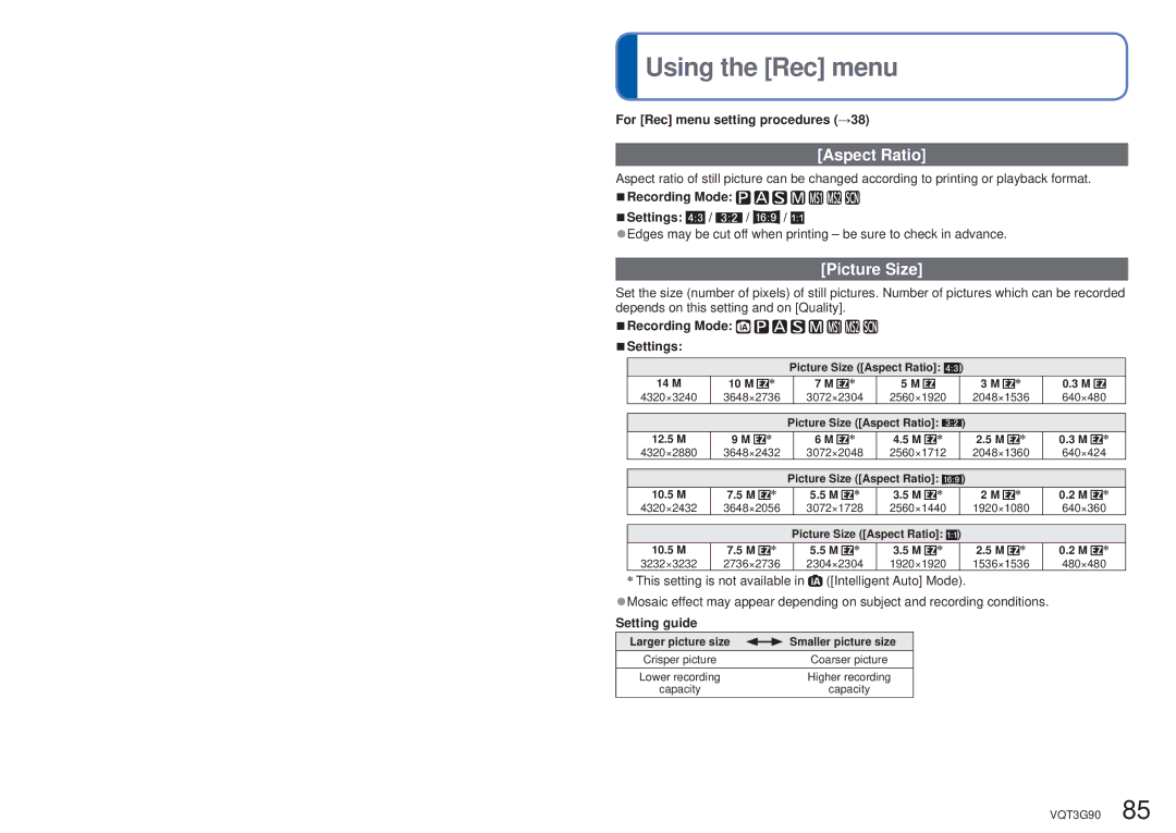 Panasonic DMC-ZS10S, DMCZS10S, DMCZS10A, DMCZS10K, DMC ZS10R owner manual Using the Rec menu, Aspect Ratio, Picture Size 