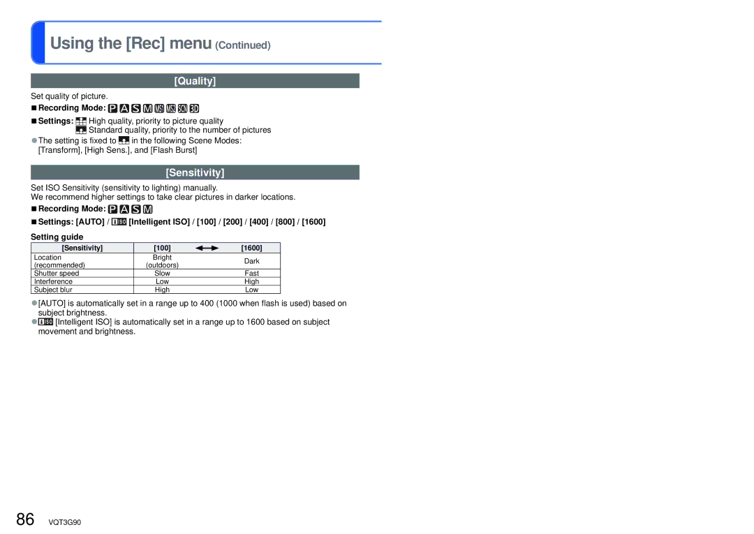 Panasonic DMCZS10S, DMC-ZS10S, DMCZS10A, DMCZS10K, DMC ZS10R owner manual Quality, Sensitivity 100 1600 