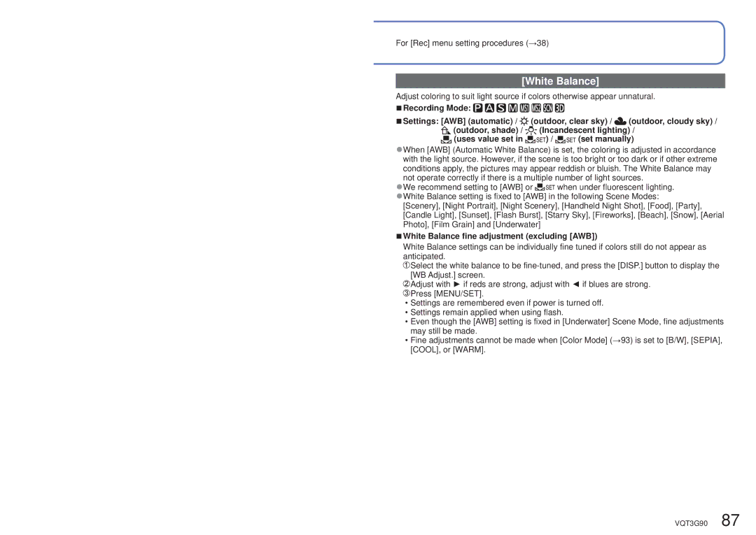 Panasonic DMCZS10A, DMC-ZS10S, DMCZS10S, DMCZS10K, DMC ZS10R owner manual White Balance fine adjustment excluding AWB 