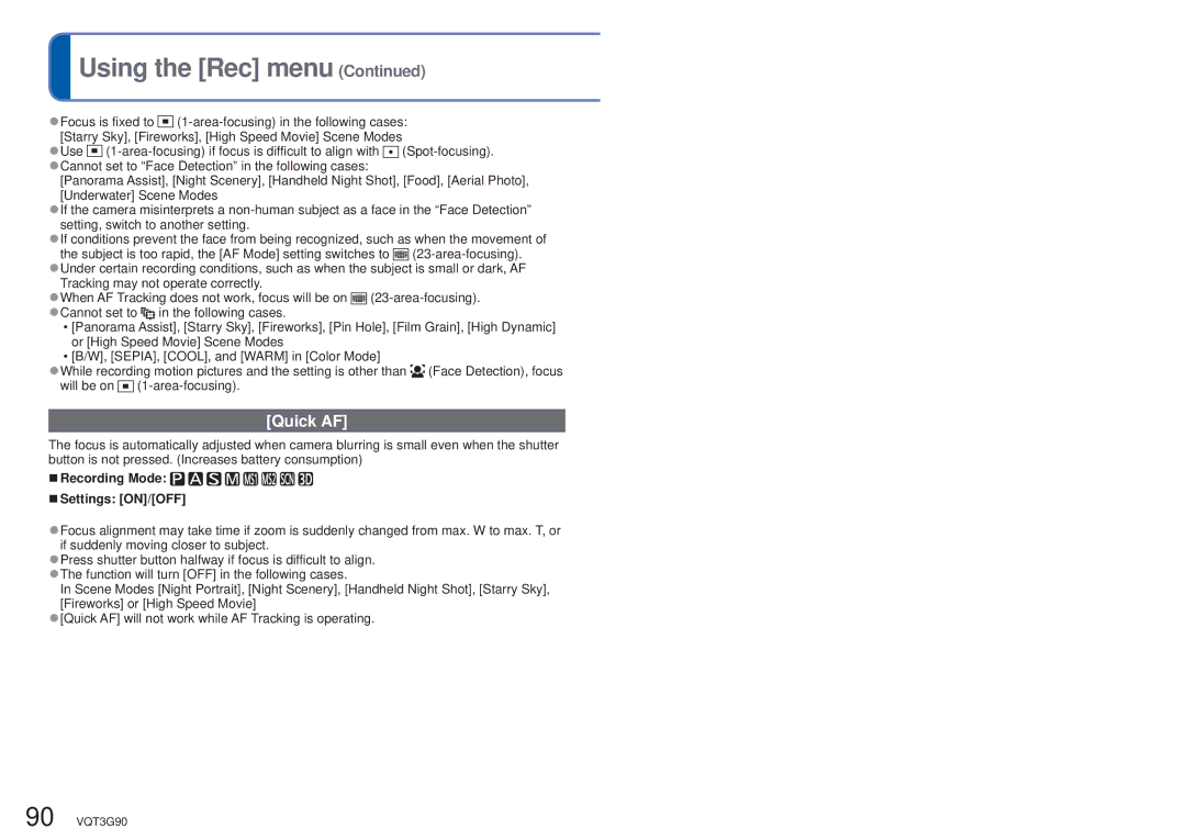 Panasonic DMC-ZS10S, DMCZS10S, DMCZS10A, DMCZS10K, DMC ZS10R owner manual Quick AF, Recording Mode Settings ON/OFF 