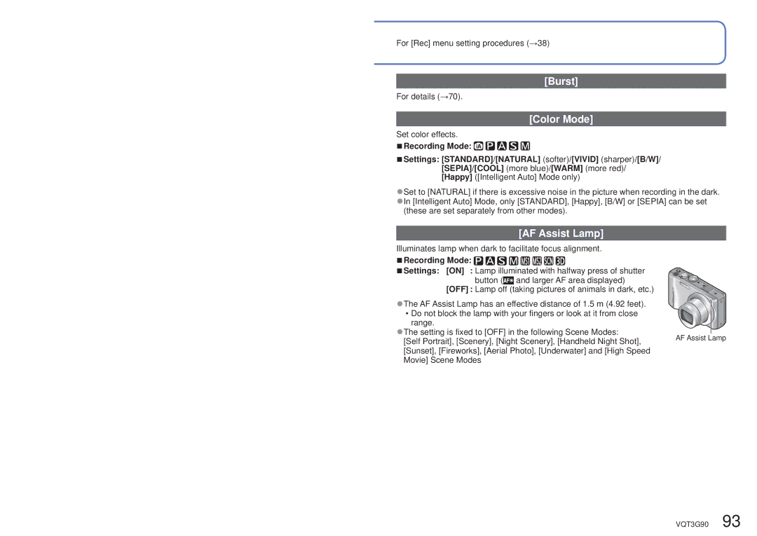 Panasonic DMCZS10K, DMC-ZS10S, DMCZS10S, DMCZS10A, DMC ZS10R owner manual Burst, Color Mode, AF Assist Lamp 