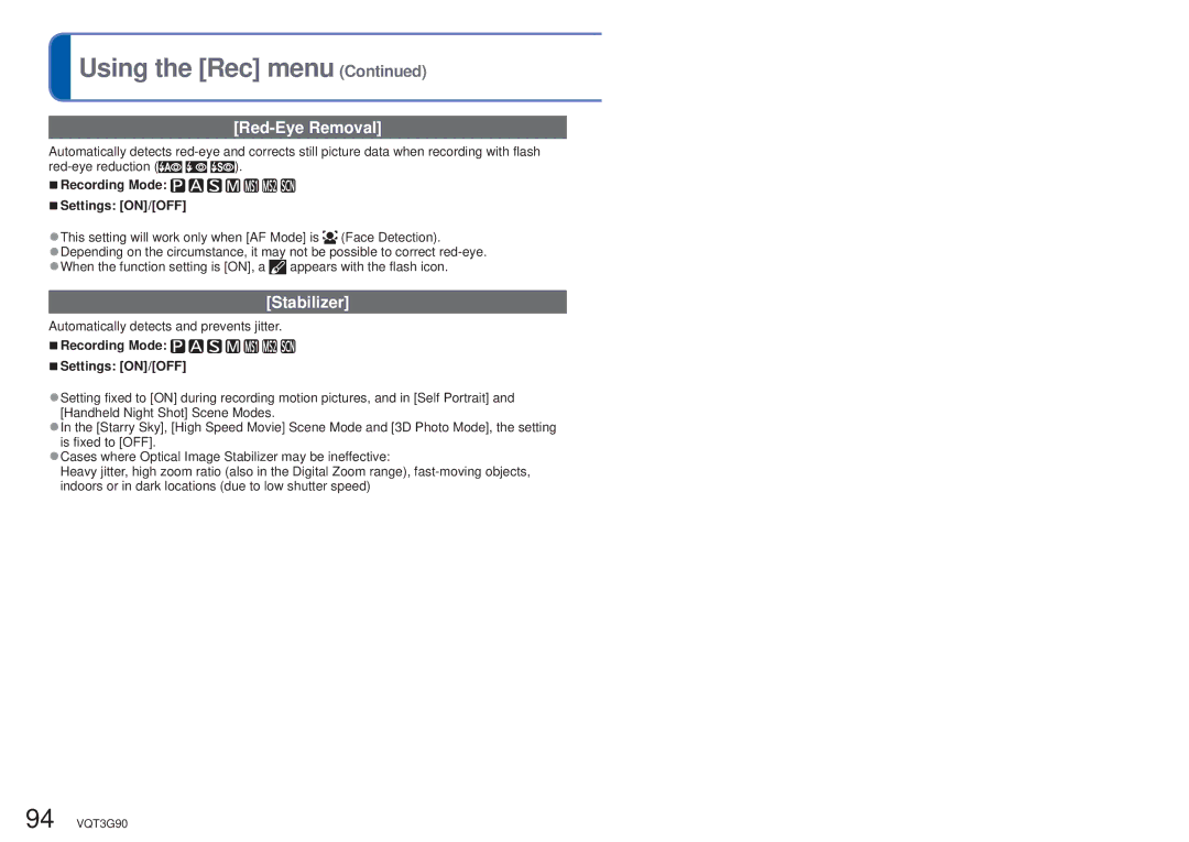 Panasonic DMC ZS10R, DMC-ZS10S, DMCZS10S, DMCZS10A, DMCZS10K owner manual Red-Eye Removal, Stabilizer 