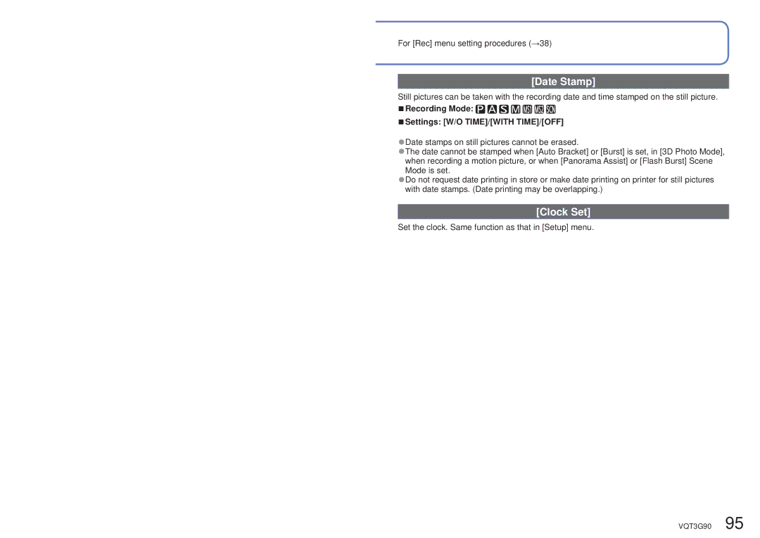 Panasonic DMC-ZS10S, DMCZS10S, DMCZS10A, DMCZS10K Date Stamp, Clock Set, Recording Mode Settings W/O TIME/WITH TIME/OFF 