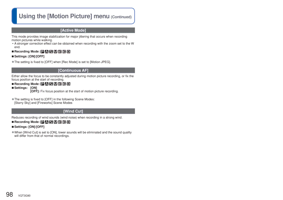 Panasonic DMCZS10K, DMC-ZS10S, DMCZS10S, DMCZS10A, DMC ZS10R Active Mode, Continuous AF, Wind Cut, Recording Mode Settings on 