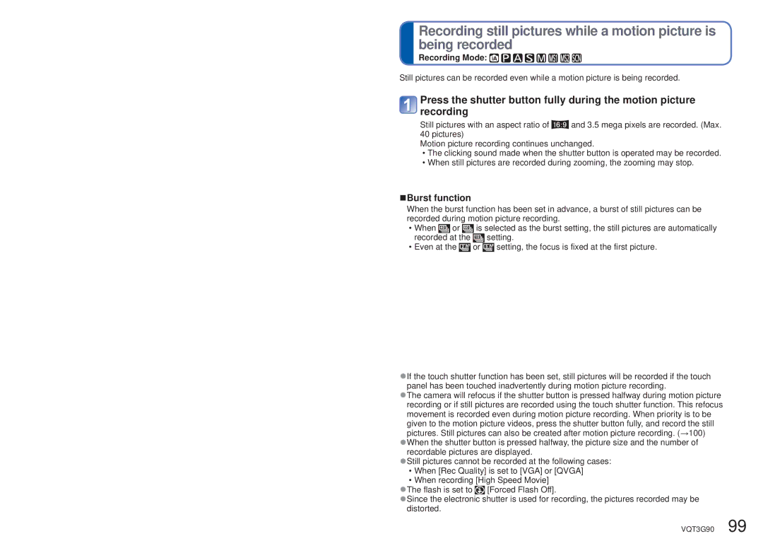 Panasonic DMC ZS10R, DMC-ZS10S, DMCZS10S, DMCZS10A, DMCZS10K owner manual Burst function, Recording Mode 