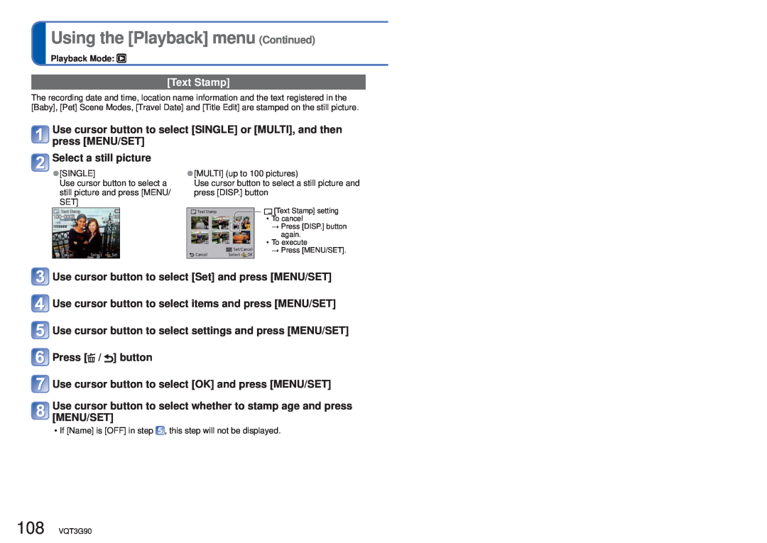 Panasonic DMCZS10K Text Stamp, Use cursor button to select Set and press MENU/SET, Using the Playback menu Continued 