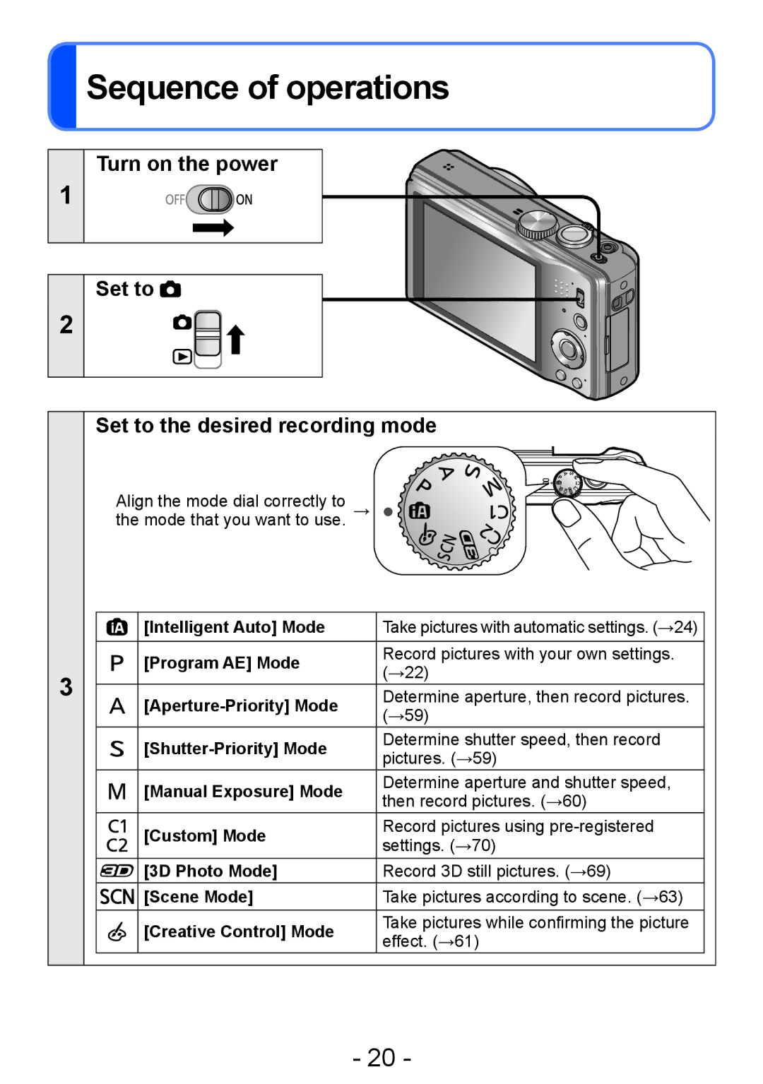 Panasonic DMC-ZS15, DMC-TZ25 Sequence of operations, Turn on the power Set to Set to the desired recording mode 